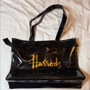 Harrods Glossy Black Tote with Gold Logo